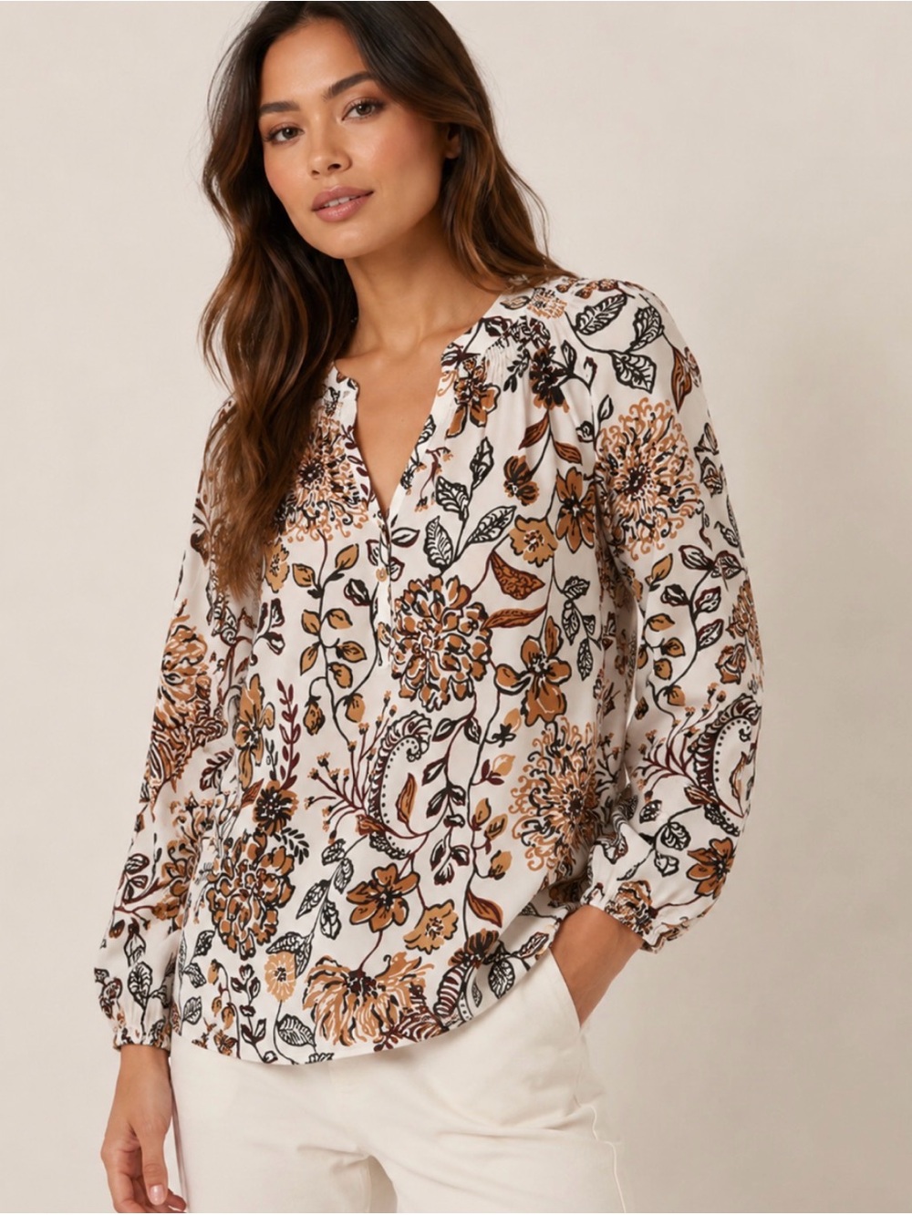 Lilly Pulitzer Cream Floral Split-Neck Blouse with Brown Print